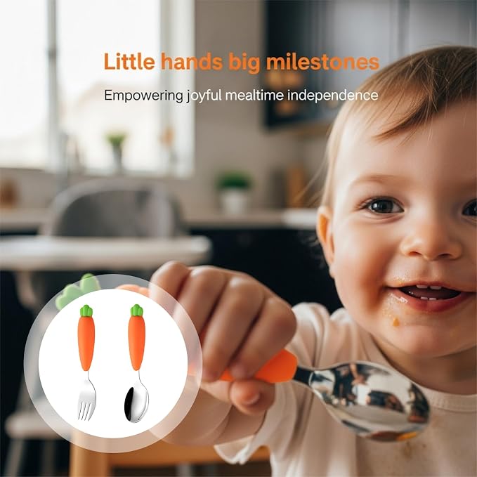 2 Pcs Little One Utensils Set, Carrot Design, 304 Stainless Steel Fork and Spoon, Food-Safe Silicone Handle, Little One Size for Self-Feeding Training