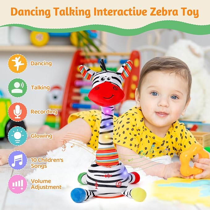 Dancing Talking Zebra Toy, Stuffed Animal Baby Toy Repeating What You Say, Easter Toys for Kids Glowing Musical Electronic Zebra with Striped Plush Gifts for Toddlers 1-3 Years Old