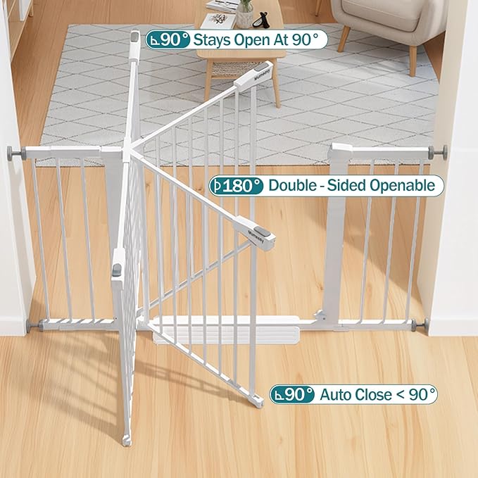 Mumeasy 29.7??8" Baby Gate for Stairs, Dog Gate for Doorways, Auto Close Child Gate, Indoor Safety Pet Gate with Walk Thru Door, Easy Install Pressure Mounted Extra Wide Gate for Kitchen, House,White