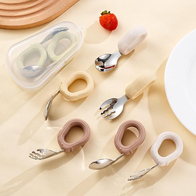 Silicone handle, 304 stainless steel training spoon, learning to eat, elbow fork, auxiliary food spoon