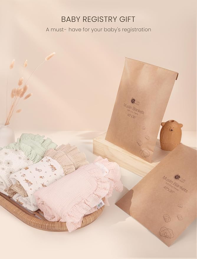 lulumoon Muslin Ruffle Baby Blanket - Soft Breathable 100% Cotton Newborn Wrap for Stroller Travel & Car Seat - Ideal for Photography & Nursery Decoration 40"x36"(Pink Heart)
