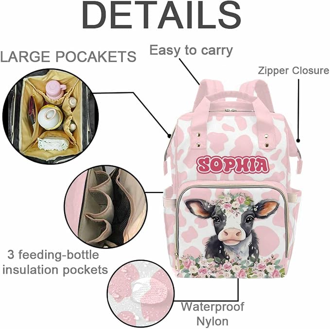 MyPupSocks Customized Name Diaper Bag with Adorable Cow- Tailored Mommy Backpack Comfort for You and Your Little One