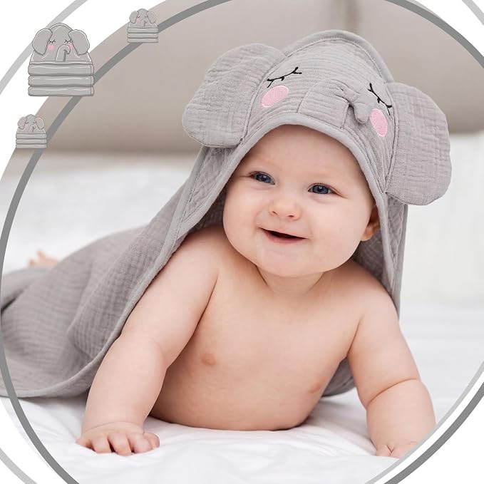 Mindsoft Muslin Hooded Baby Towel 100% Cotton Soft Absorbent Bath Towel with Cute Gray Elephant Design 32 x 32 Inch Muslin Baby Bath Essentials for Boys Babies Infant Toddler Kids