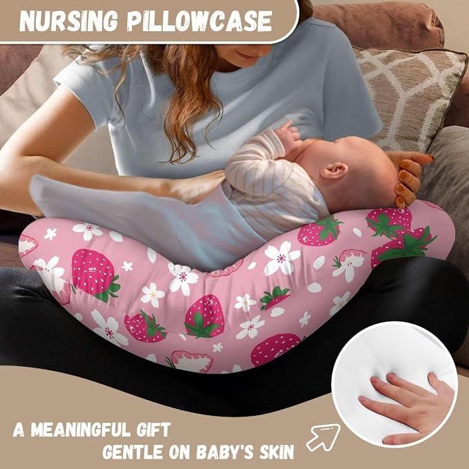 Strawberry Breastfeeding Pillow Cover with Hidden Zipper for Newborn Skin-Friendly Comfortable Baby Nursing Replacement Pillowcase for Home Sofa Car Decor