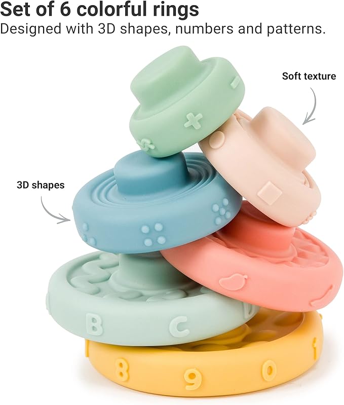BabyToLove Stack & Learn Rings | Montessori Stacking Toy for Babies | 6 Soft Sensory Baby Rings for Learning & Development | Early Childhood Stacking Toy | Fun Shapes