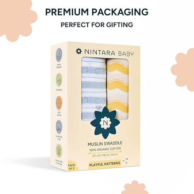 Muslin Swaddle Blankets for Newborns, 2 Pack Multipurpose 100% Organic Cotton, Ultra Soft Breathable Receiving Blanket 47 x 47 inches, Swaddle Wrap for Baby Boys & Girls