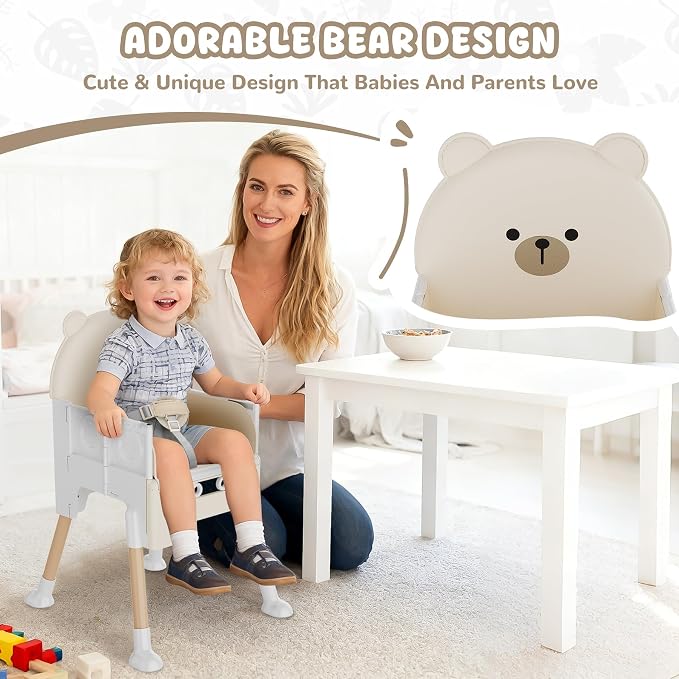 Baby High Chair 3 in 1 High Chairs for Babies and Toddlers Bear Toddler Chair Adjustable Height Highchair with Bib and Storage Bag for Baby Convenient Comfortable Feeding(Beige)