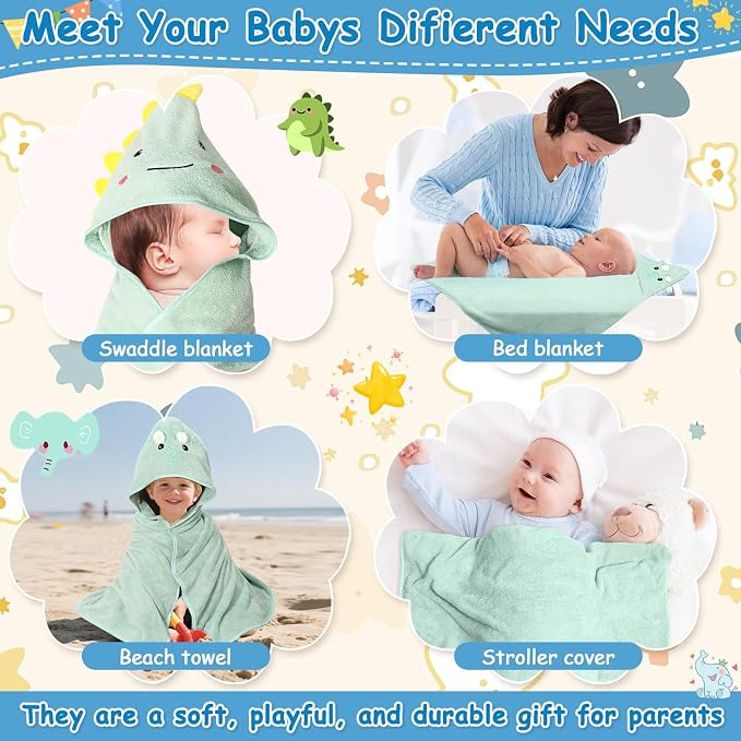 Sublaga 8 Pcs Baby Towel and Washcloths Set, Soft Baby Towels, 2 Pcs 32x32 in Cute Baby Towel with Hood and 6 Pcs Baby Washcloths for Infants, Toddlers and Kids (Green Elephant & Dinosaur)