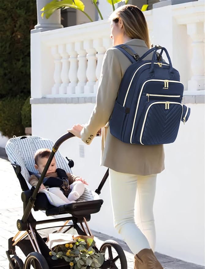 LOVEVOOK Diaper Bag Backpack, Quilted Baby Bag with Changing Pad & Pacifier Holder, Waterproof Travel Diaper Bags with USB Charging Port, Functional Durable Large Capacity, Navy Blue