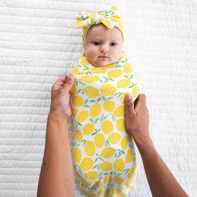 Little Sleepies Swaddle & Headband Bow Set, Viscose from Bamboo Baby Swaddles, Newborn Baby Girl Clothes (Lemons)