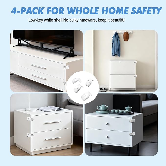 Baby Proof Drawer Locks 4 Pack White, Child Safety Cabinet Latches for Corners, No Drill Adhesive Furniture Lock for Kitchen Drawer Dresser Nightstand Toddler Security 
