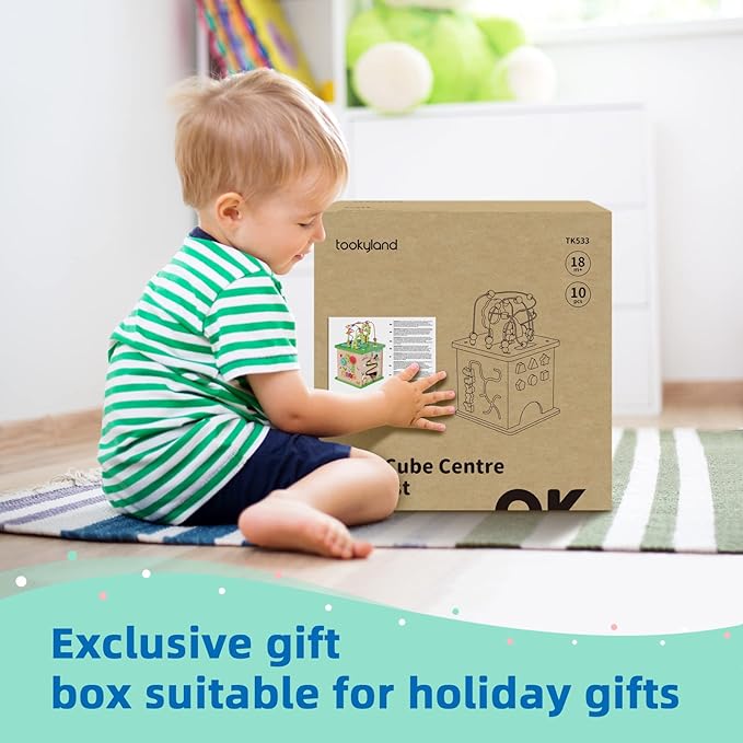 TOOKYLAND 5 in 1 Activity Center, Wooden Large Activity Play Cube 23"X13"X13", Wooden Learning Puzzle Toy for Toddlers, with Animal Friends, Shapes, Mazes, Shape Sorter