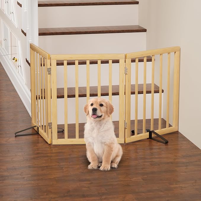 Dog Gate, Freestanding for Doorways, Indoor, Pet Gates for Bedroom, 3 Panels (Natural)