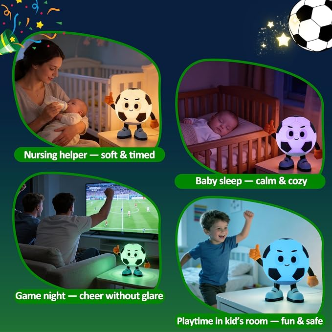 Soccer Gifts for Boys Girls, Soccer Night Light,Soft Silicone with Touch Control, 7 RGB Colors, Auto-Off, Dimmable, Rechargeable 1200mAh, Teen Kids Sports Fan Birthday Gifts (Classic)
