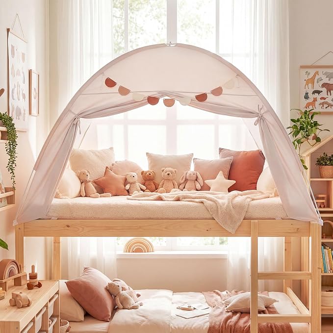 Costzon Toddler Bed Tent, Twin Size Indoor Canopy Tent for Kids w/ 2 Windows, Flag Banner, Brushed Fabric Privacy Playhouse, Portable Play Tent for Bunk Bed, Playroom, Suits 3+ Boys & Girls (Beige)