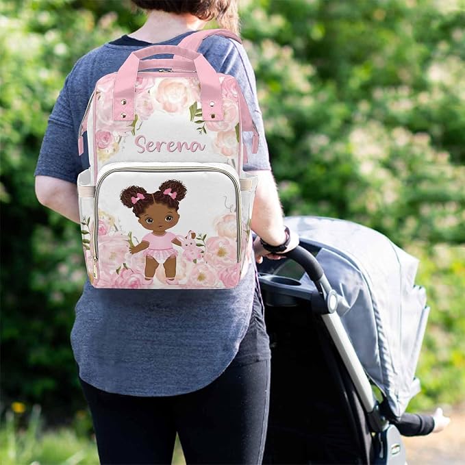 M YESCUSTOM Personalized Pink Diaper Bag with Name, Custom Floral Nursing Mommy Daypack for Travel with Large Capacity, Birthday Gift for Women/Mom