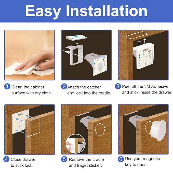 Magnetic Cabinet Locks Baby Proofing - 10 Locks & 2 Keys, No Drill Adhesive Safety Latches for Cabinets & Drawers, Child Proof Lock for Kitchen, Strong Magnet Key to Open, Easy Installation