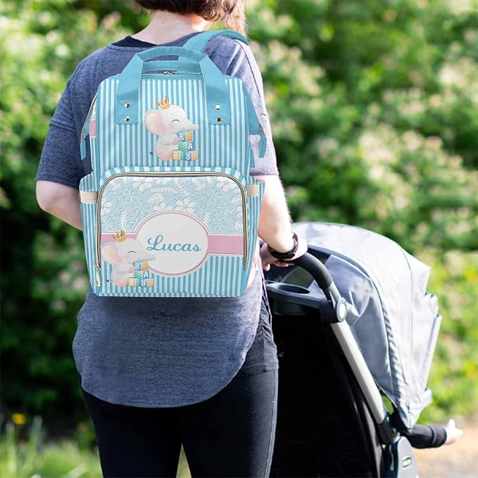 M YESCUSTOM Custom Bag with Name Personalized Blue and White Stripes Diaper Bag Backpack Customized Cute Animal Mommy Bag