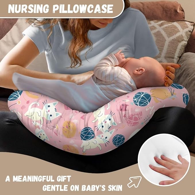 Cartoon Cats Nursing Pillow Case for Newborn Babies Breathable Feeding Pillows Support Cover with Hidden Zipper for Boys Girls New Parents, Easy to Put On & Remove