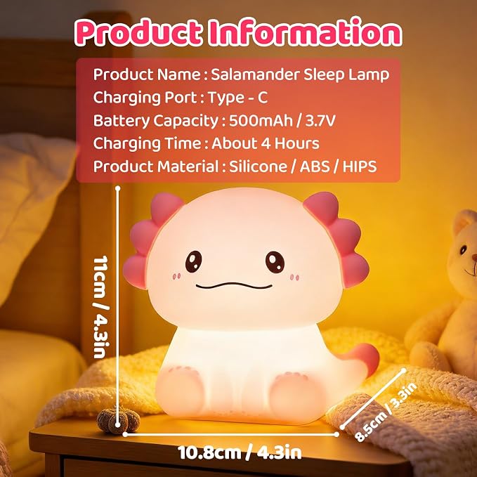 Axolotl LED Night Light, Silicone Touch Lamp for Bedroom with 7 Colors Timer and Dimmable 3-Level Squishy Warm Cute Night Lights, Rechargeable Animal Lamp for Bedroom Decor Birthday Gift