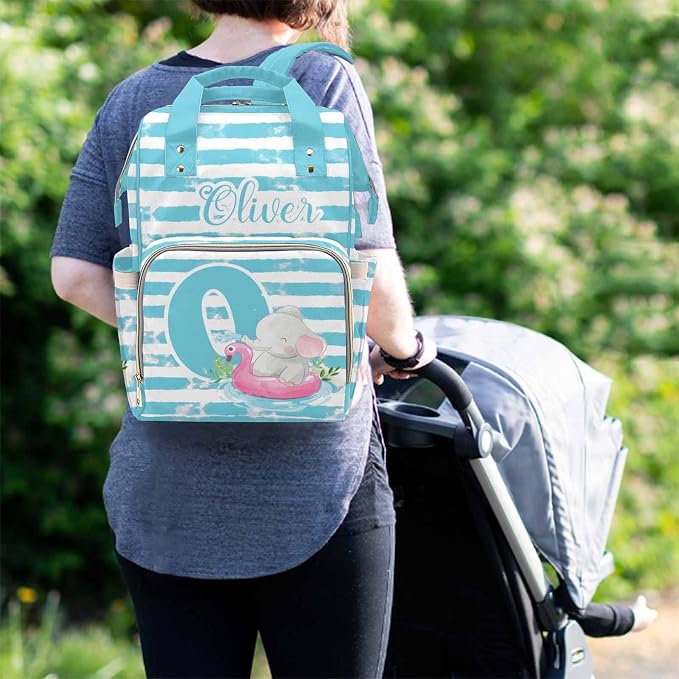 M YESCUSTOM Custom Name & Letter Diaper Bag Personalized Blue and White Stripes Mommy Bag Backpack Customized Baby Bag with Cute Animal
