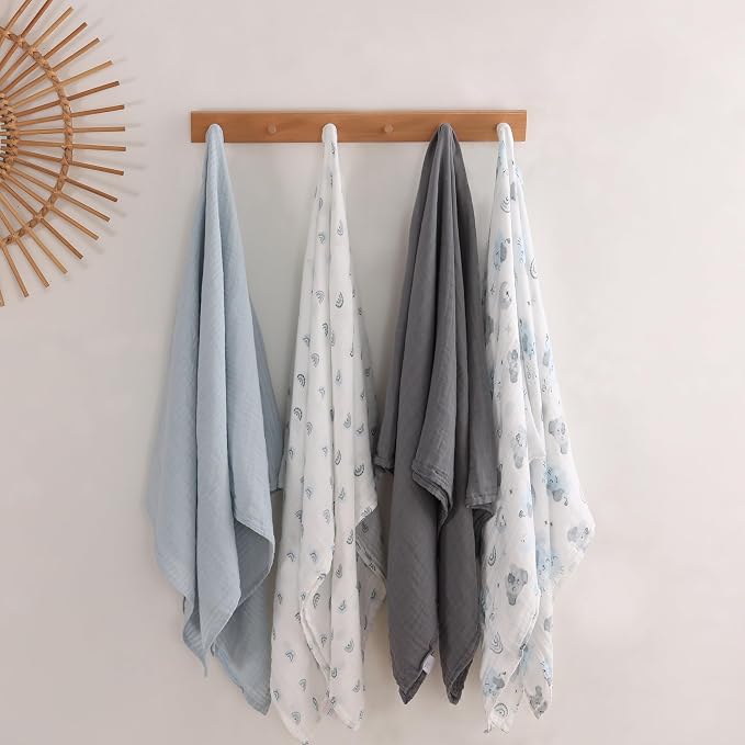 Viviland Muslin Swaddle Blankets, Swaddle Wrap for Boys and Girls, Breathable and Skin-Friendly Baby Receiving Blankets, Baby Essentials, 4-Pack Blue Elephant, 47 x 47 inches