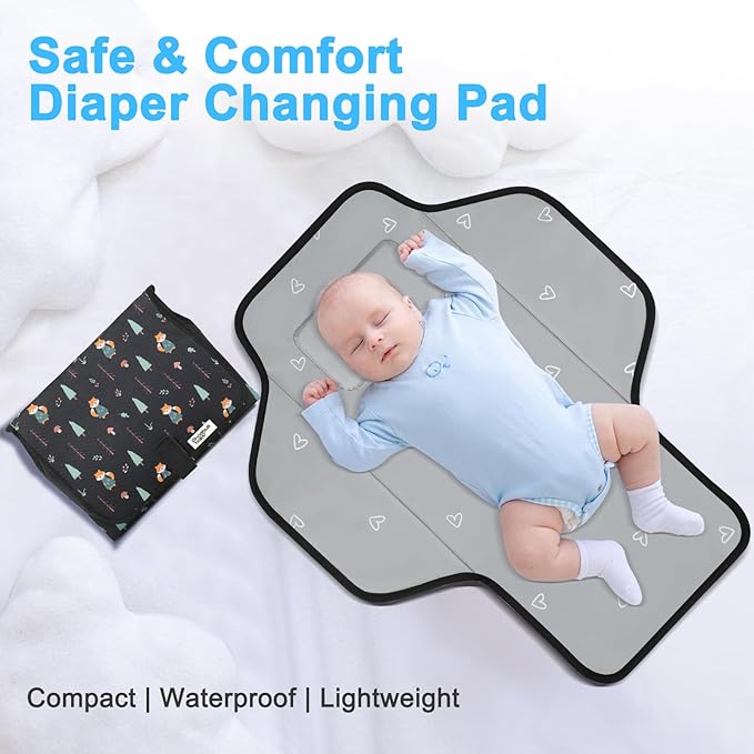 Baby Portable Changing Pad Travel - Waterproof Compact Diaper Changing Mat with Built-in Pillow - Lightweight & Foldable Changing Station, Newborn Shower Gifts