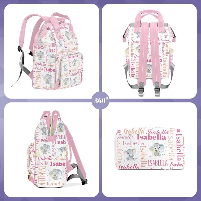 Custom Diaper Bag Backpack, Upgraded Large Capacity Baby Bag, Personalized Diaper Changing Backpack with Name, Multifuction Mommy Bag with Insulated Pockets, Baby Bag for Girls, Elephant Pink