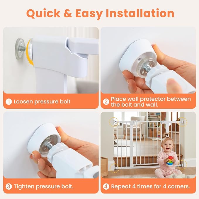 Mumeasy 4 Pack Baby Gate Wall Protector Cups – Pressure Mounted Safety Gate Extension Kit, Protects Walls & Doorways from Child, Pet Gate & Dog Gate, Protector Works on Stairs & Door, White