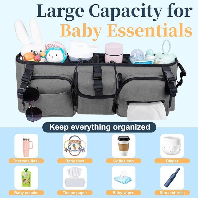 GDNasist Double Stroller Organizer Compatible with Bob Duallie and Baby Jogger City Mini GT2, Double Baby Stroller Accessories with Cooler Bag, Parent Console Double Jogging Stroller Caddy, Grey