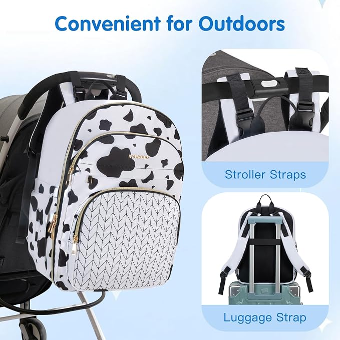 KABAQOO Baby Diaper Bag Backpack, Waterproof Diaper Backpack for Mom & Dad with Changing Pad, Insulated Pockets and Stroller Straps, Baby Shower Gifts for Girls & Boys, Cow