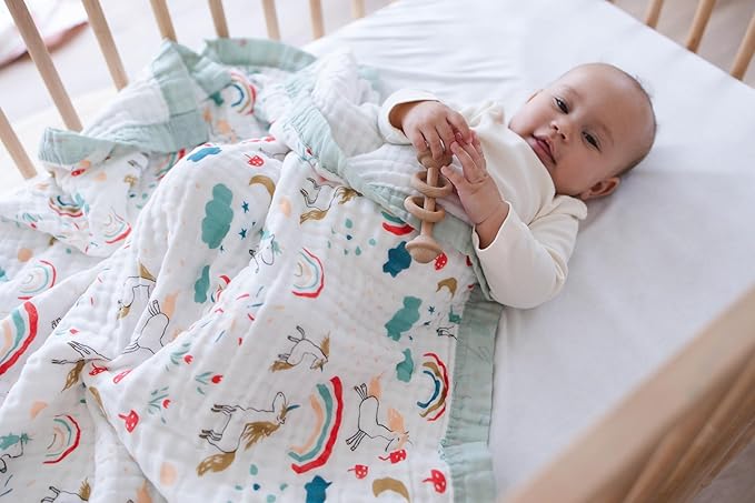 100% Cotton Muslin Baby Blanket | Soft & Breathable 6-Layer Swaddle & Receiving Blanket | Lightweight Quilt for Newborns, Infants & Toddlers - Unicorn & Rainbows - Sage Trim