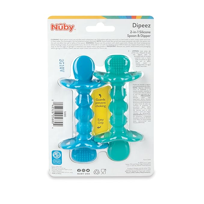 Nuby Dipeez 2 in 1 Silicone Spoons/Dipper, 2pk, Blue/Green