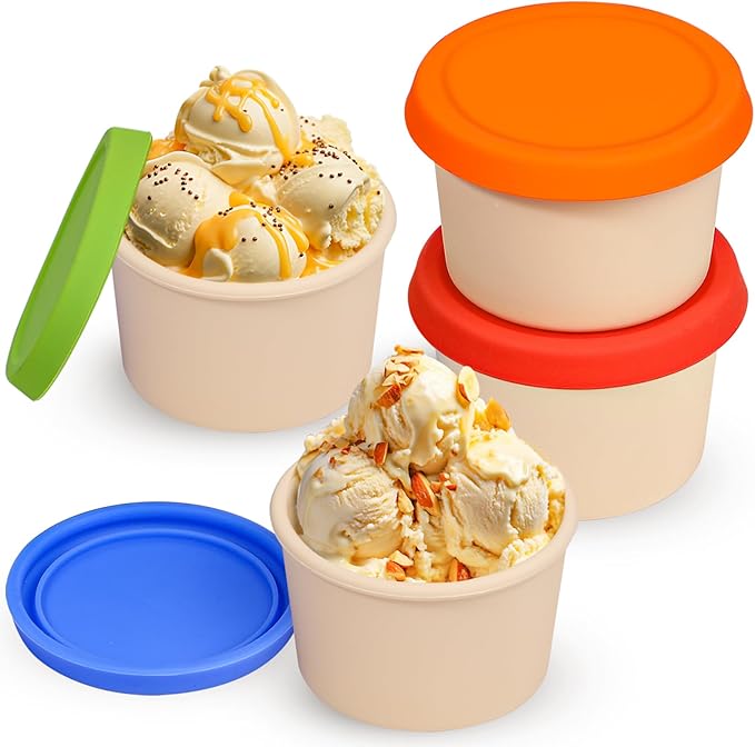 Webake Silicone Ice Cream Containers with Lids, 8oz Homemade Ice Cream Cups Reusable Freezer Storage Containers, Set of 4