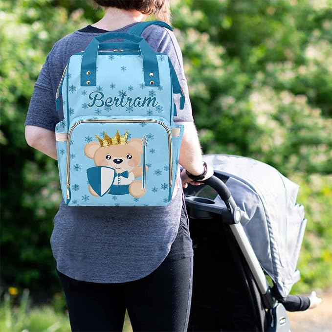 M YESCUSTOM Customized Prince Bear Diaper Bag, Personalized Blue Snowflake Cute Mommy Daypack with Name, Nylon Waterproof Backpack for Travel, Lovely Custom Gift for Women