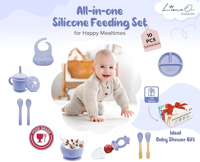 Silicone Baby Feeding Set, 10 Pcs Baby Led Weaning Supplies | BPA-Free Baby Dishes with Toddler Plates and Bowls Set, Silicone Bib, Suction Cup, Baby Spoons & Forks | Empower Independence ??Gray