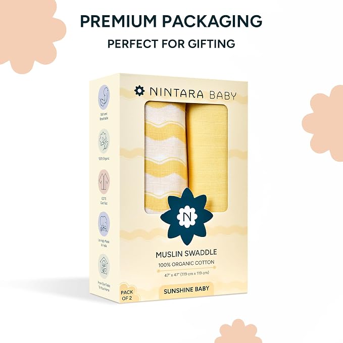 Muslin Swaddle Blankets for Newborns, 2 Pack Multipurpose 100% Organic Cotton, Ultra Soft Breathable Receiving Blanket 47 x 47 inches, Swaddle Wrap for Baby Boys & Girls