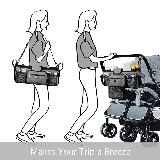 TOPDesign Universal Baby Stroller Organizer, Double Stroller Caddy with Detachable Mesh Bag & Heightened Insulated Cup Holders & Non-Slip Secure Hooks Accessories, Fits Most Strollers (Zoo)