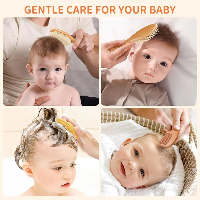4 Pack Wooden Baby Hair Brush Set, Natural Baby Brush and Comb Set with Soft Baby Cradle Cap Brush for Newborns & Toddlers, Perfect Baby Registry Gift