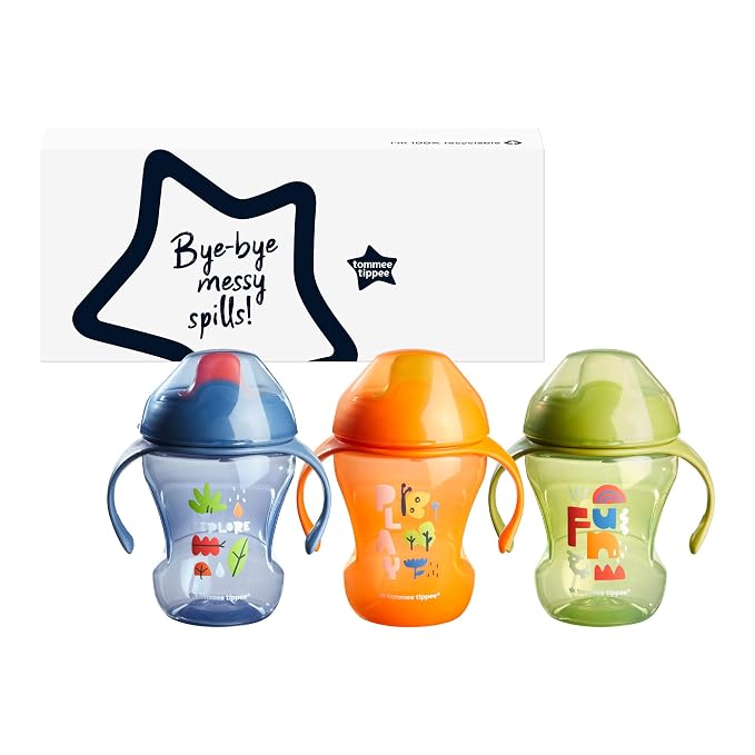 Tommee Tippee 8oz Trainer Sippee Cups with Handles for Babies and Toddlers, Spill-Proof, BPA Free, Blue, Orange and Green, Pack of 3