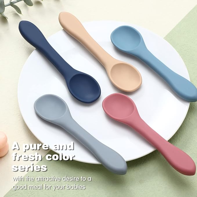 Aedida 5-piece Silicone Baby Feeding Spoons,First Stage Infant Spoon Set 6 Months Soft-tip Spoons for Baby Toddlers Bendable Training Spoon Utensils Feeding Supplies