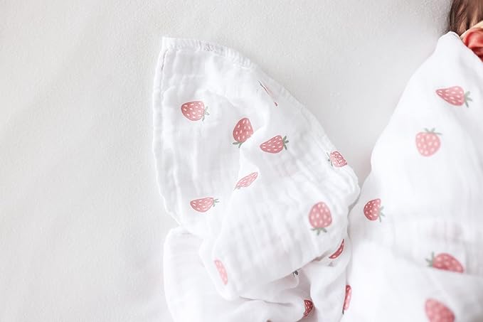 Lulujo Baby Swaddle Blankets | Unisex Softest Breathable Cotton Muslin Swaddle Blanket Set | Neutral Receiving Blanket for Girls & Boys | 40in x 40in | Strawberries & Ballet Slipper | 2-Count