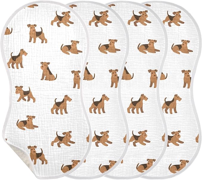 vvfelixl Baby Burp Cloths Cartoon Happy Airedale Terrier Dog Baby Newborn Cotton Burping Cloths Set Baby Washcloths 4 Pack