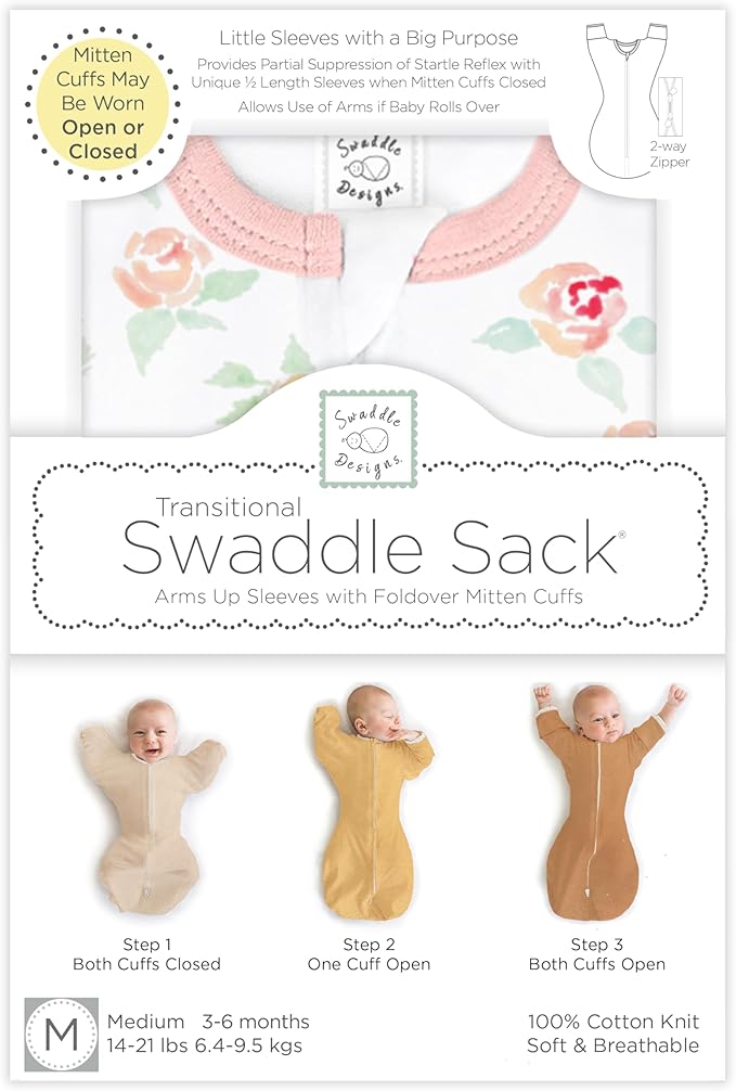 SwaddleDesigns Transitional Swaddle Sack, Arms Up Half-Length Sleeve Mitten Cuff, Most Gradual Transition Swaddle for Newborn