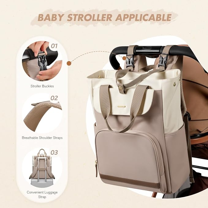 GOLF SUPAGS Diaper Bag Backpack with Portable Changing Pad 25L Baby Bag Insulated lunch box Backpack Fits 17.3" Laptop (Champagne & White)