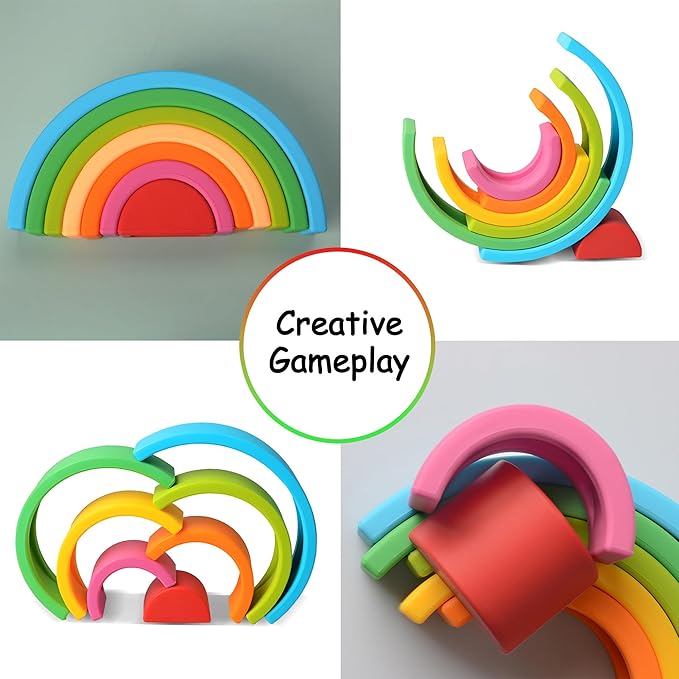 Silicone Stacking Toys for Babies, Soft Rainbow Stacker, Montessori Nesting Blocks Soft Building Toys Colorful Sensory Toys for Creative Play, for Toddlers, 7CPS