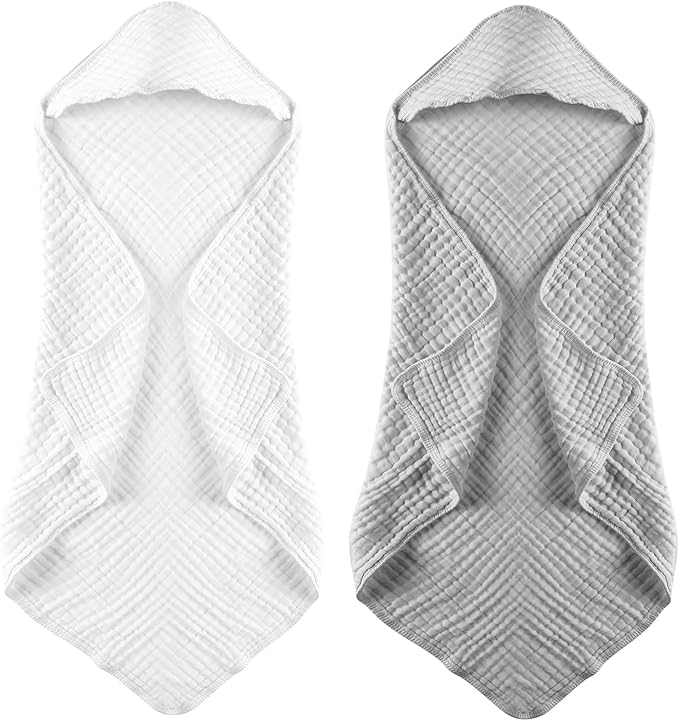 MUKIN Baby Hooded Towels, Muslin Cotton, 2-Pack, for Newborn, Infant, Toddler and Kids (White,Grey)
