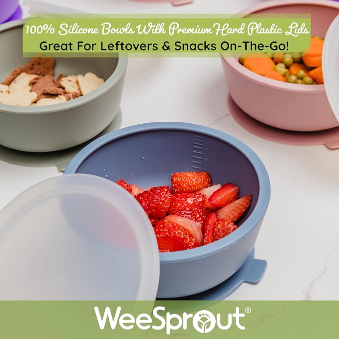 WeeSprout 3 Silicone Baby Spoons & 2 Bowls with Lids Bundle - Soft-Tip, Bendable Feeding Utensils - Durable, Travel-Friendly, Dishwasher Safe - Beige & Purple