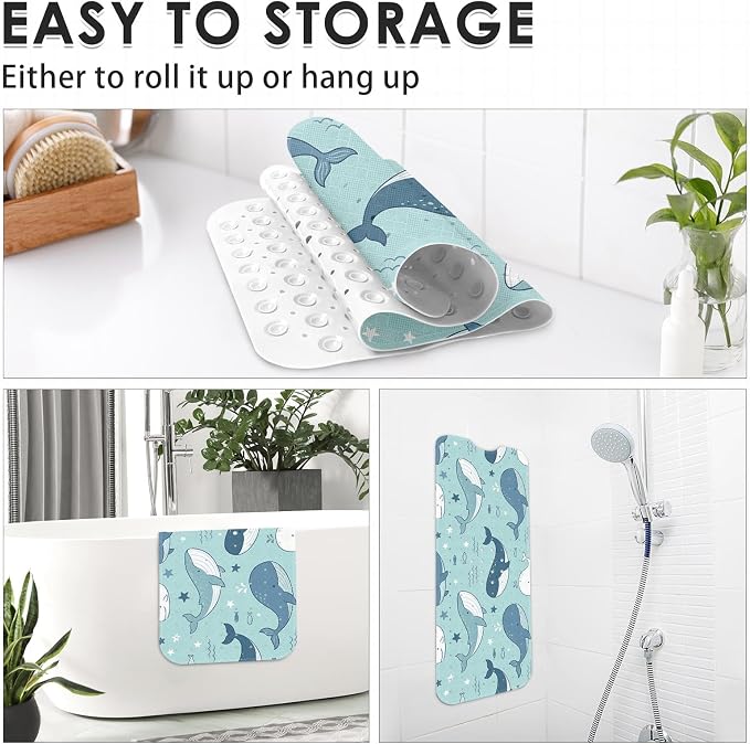 Whale Ocean Bathtub Shower Mat Cute Star Non-Slip Tub Extra Long Bath Floor 40X16 Inch Machine Washable for Bathroom Tub Bath Mat for Toddler and Baby