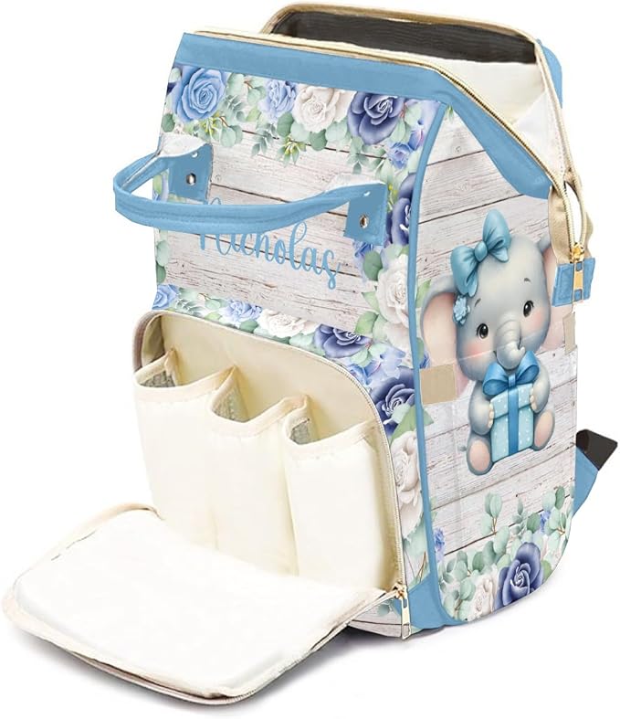 Cute Elephant Large Personalized Diaper Bag Backpack for Baby Boy with Name, Thermal Pockets, Waterproof Custom Baby Bags for Boys, Multi-functional Customized Nappy Bag Mom Travel Daypack